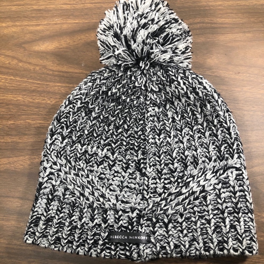REBECCA MINKOFF Pom Pom Chunky Knit Beanie Hat Black White Marl ONE SIZE
